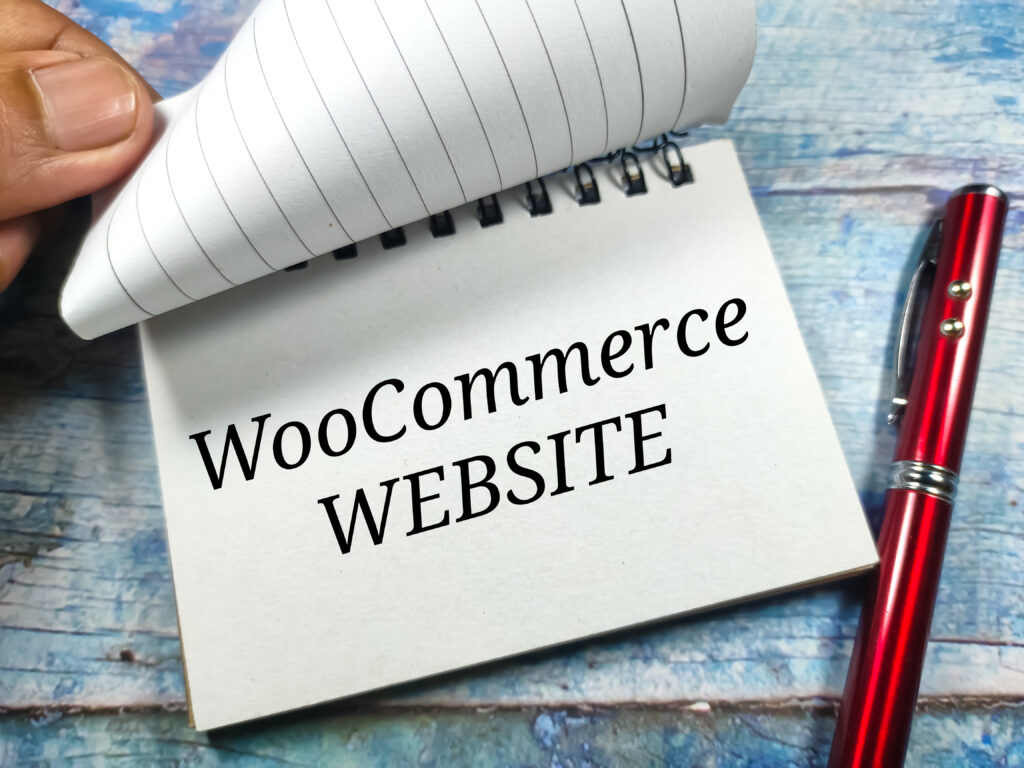 Business concept.Text WooCommerce WEBSITE writing on notebook on a wooden background.